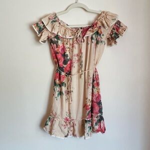 OPT Off Shoulder Floral Linen Blend Peasant Dress Size S Cottagecore Boho Ruffle